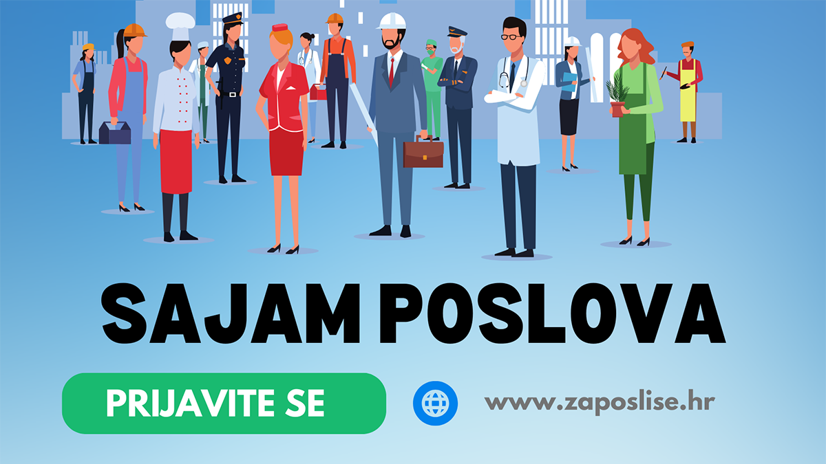 Ilustracija - radnici stoje, ispod je natpis - Sajam poslova, prijavite se, www.zaposlise.hr