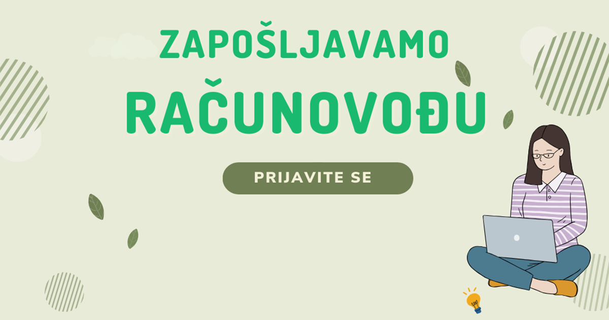 Zapošljavamo računovođu, prijavite se, žena sjedi za laptopom, ilustracija