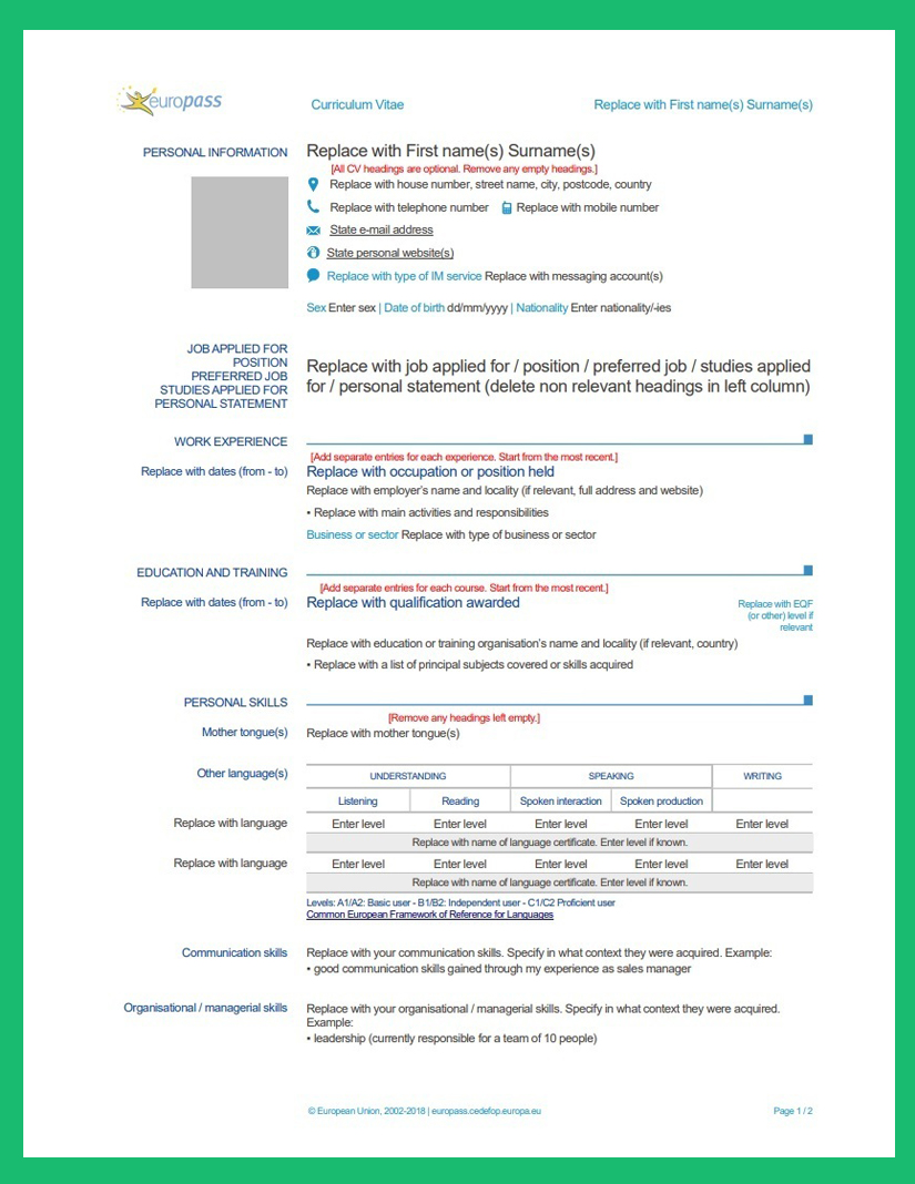 Izvor: cvmaker.hr; Tema: Europass životopis predložak