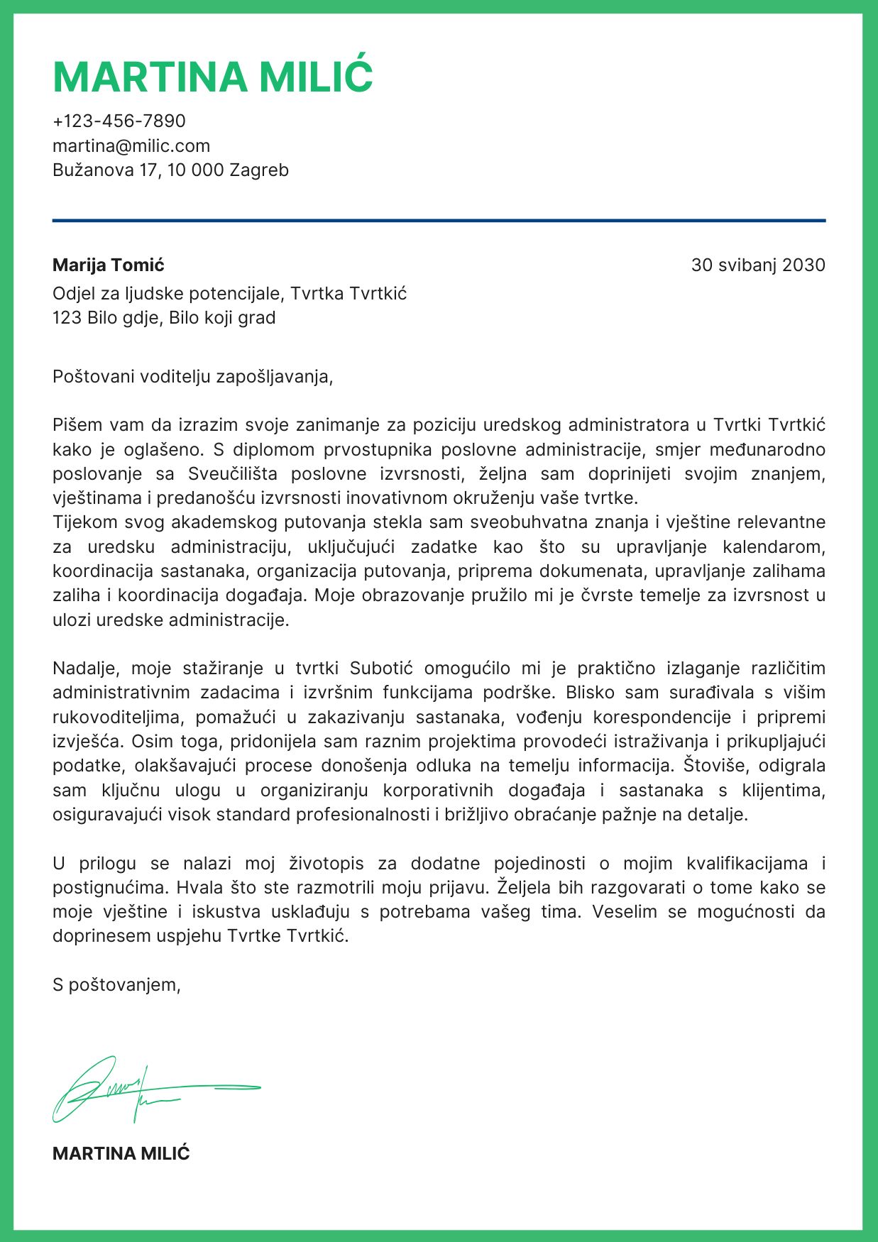 Motivacijsko pismo, primjer, posao snova, tražim posao
