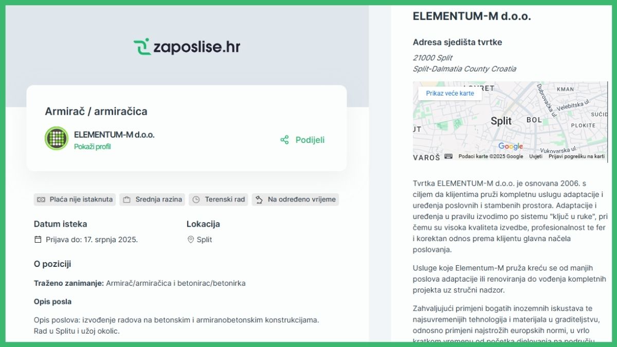 Posao armirač, zaposlise, Split, Elementum