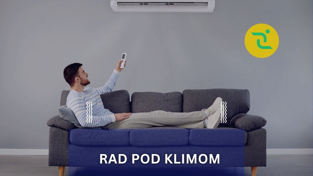 Rad pod klimom, klima uređaj, čovjek u odijelu na kauču pali klimu daljinskim